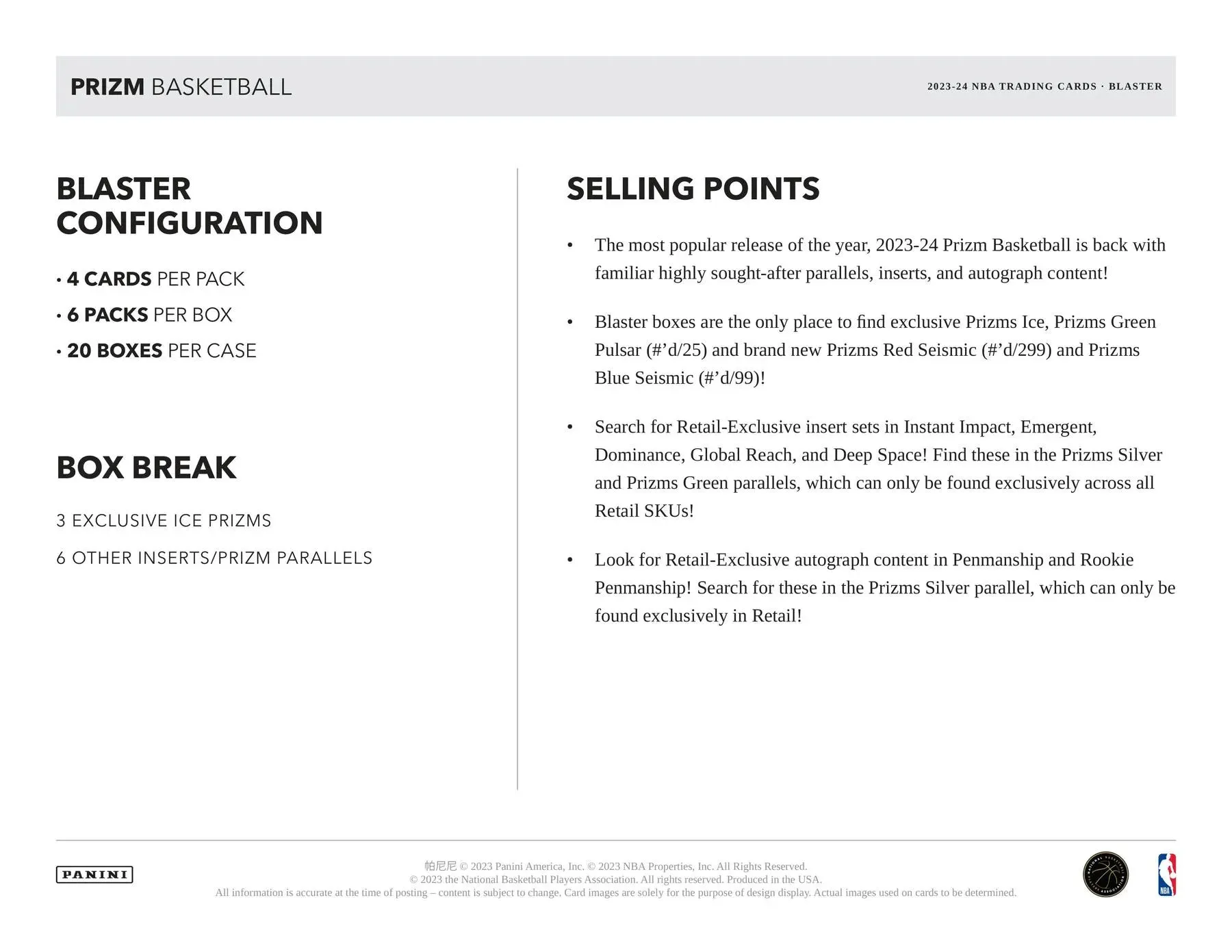 2023/24 Panini Prizm Basketball 6-Pack Hobby Blaster Box 6 Packs Per Box, 4 Cards Per Pack