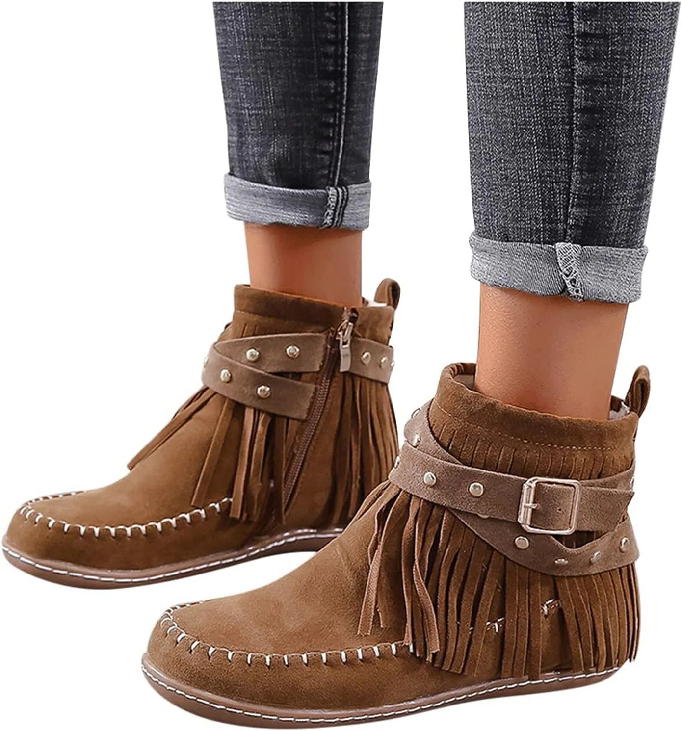 Ankle Booties for Women, Womens Retro Cowboy Boots Closed Toe Low Heel Combat Western Shoes Fringed Ankle Boots