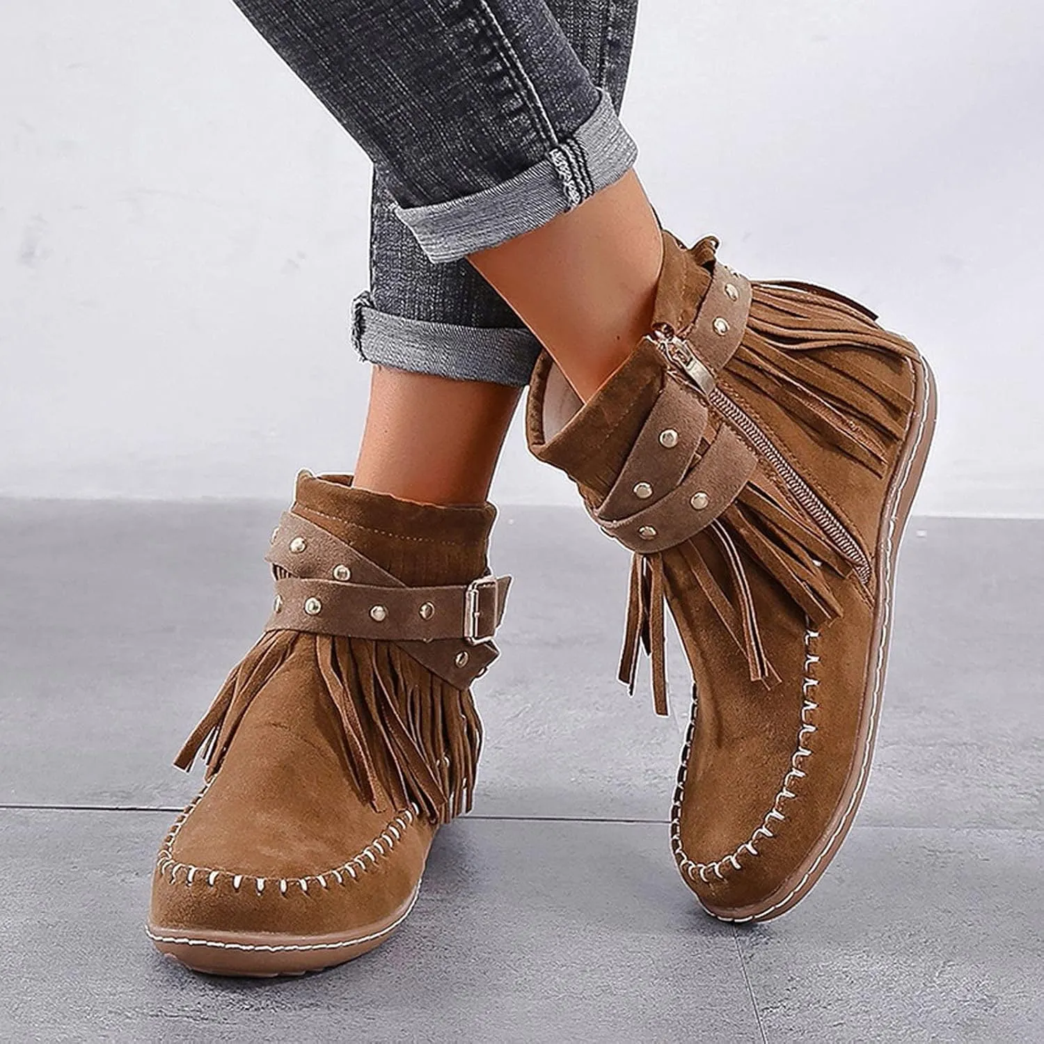 Ankle Booties for Women, Womens Retro Cowboy Boots Closed Toe Low Heel Combat Western Shoes Fringed Ankle Boots