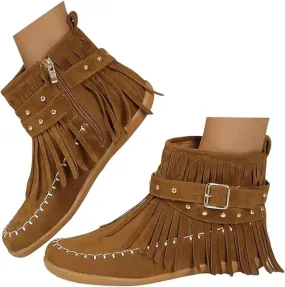Ankle Booties for Women, Womens Retro Cowboy Boots Closed Toe Low Heel Combat Western Shoes Fringed Ankle Boots