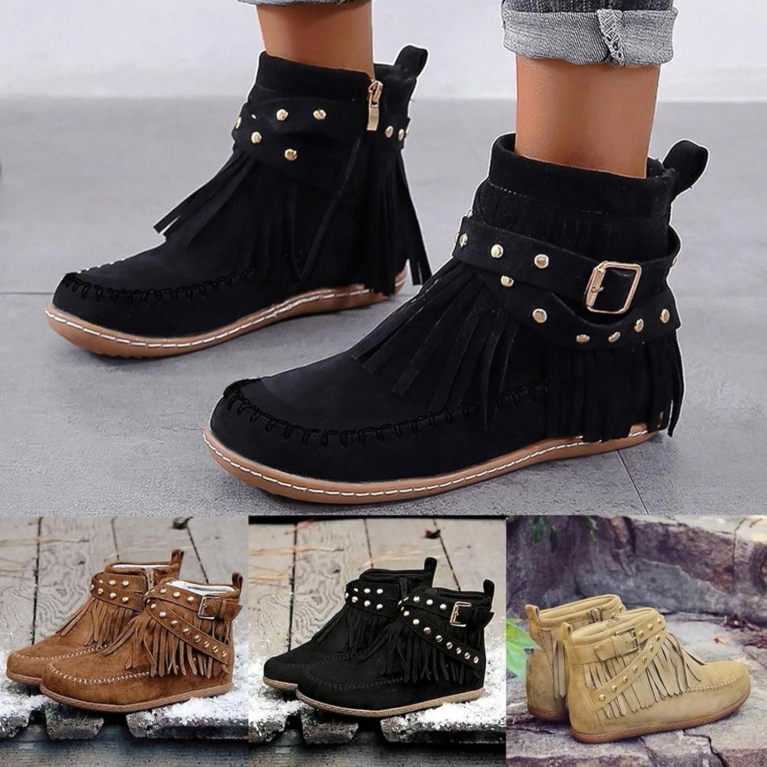 Ankle Booties for Women, Womens Retro Cowboy Boots Closed Toe Low Heel Combat Western Shoes Fringed Ankle Boots