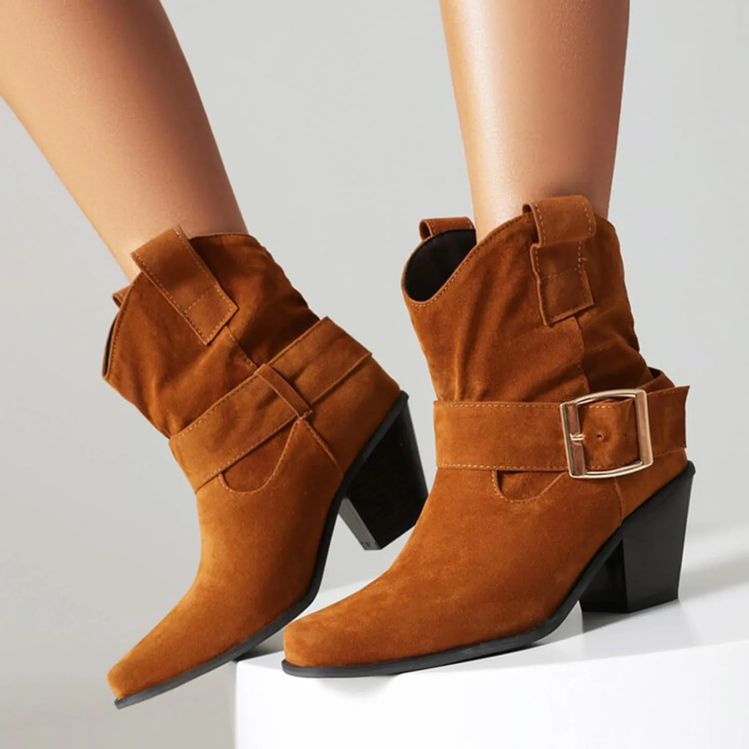 Ankle Boots For Women 2024 Chunky Cowboy Boots Pointed Toe Western Boots Fall Short Booties Shoes