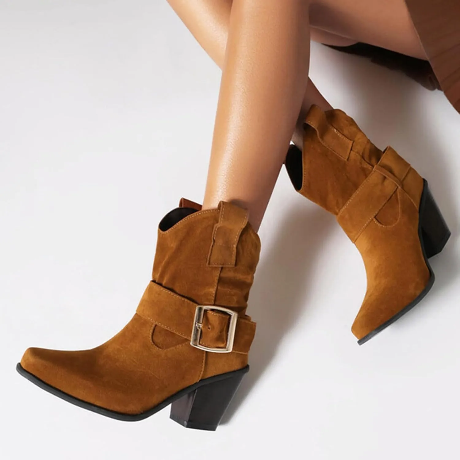 Ankle Boots For Women 2024 Chunky Cowboy Boots Pointed Toe Western Boots Fall Short Booties Shoes