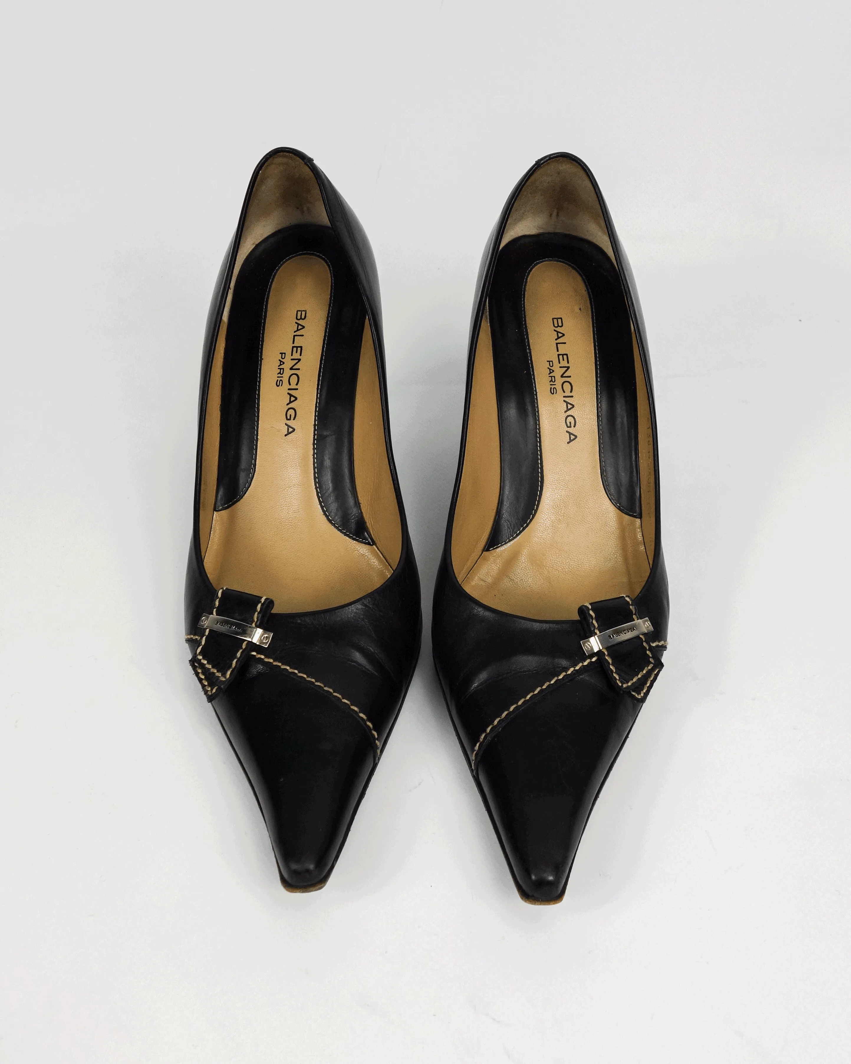 Balenciaga Sharped Toe Black Leather Heels 1990's