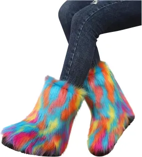 Bcshiye Fur Winter Boots for Women,Gradient Winter Mid-Calf Snow Boots Fuzzy Fluffy Furry Fashion Short Snow Boots