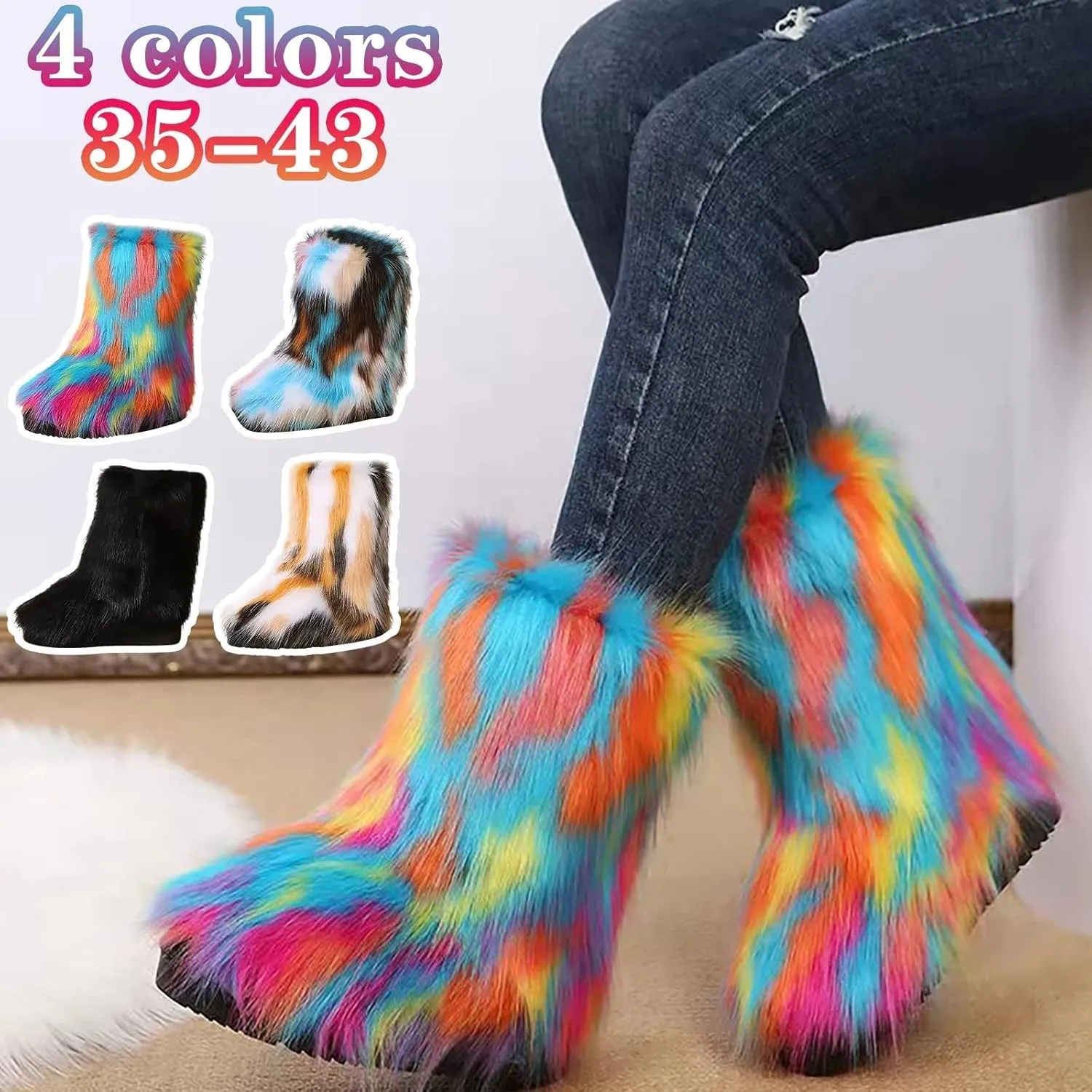 Bcshiye Fur Winter Boots for Women,Gradient Winter Mid-Calf Snow Boots Fuzzy Fluffy Furry Fashion Short Snow Boots