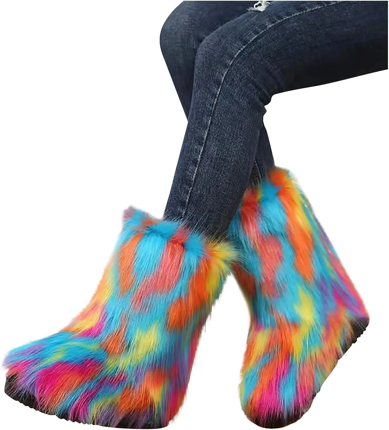 Bcshiye Fur Winter Boots for Women,Gradient Winter Mid-Calf Snow Boots Fuzzy Fluffy Furry Fashion Short Snow Boots