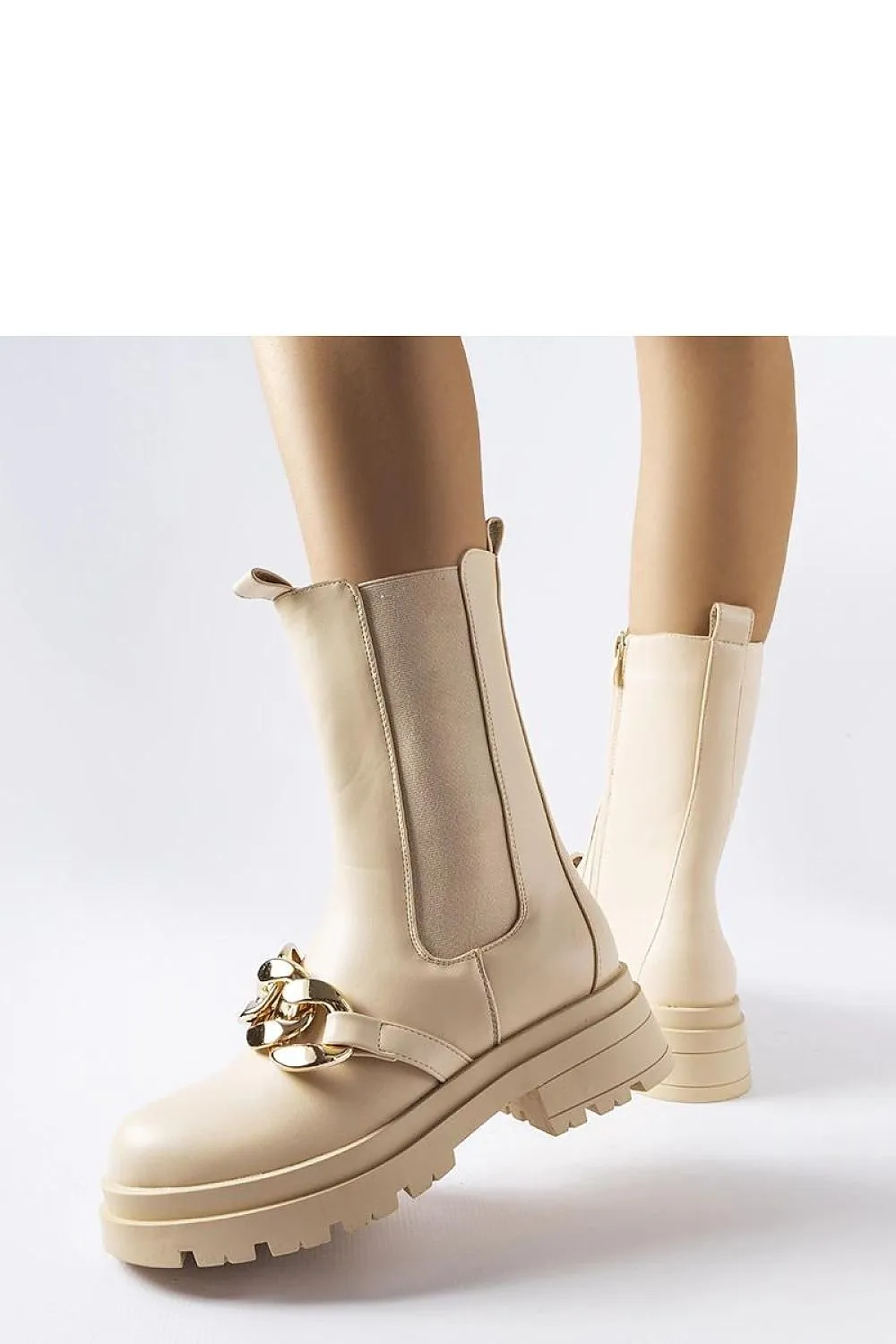 Beige ankle boots with chain