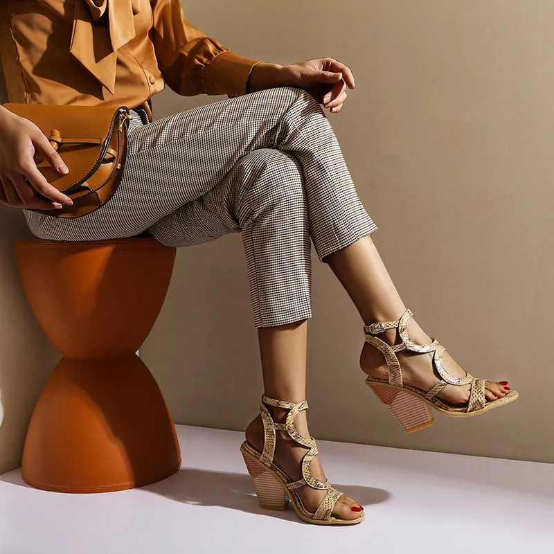 Bigsizeheels Sexy Chunky Heel Buckle Peep Toe Mules - Brown Snake
