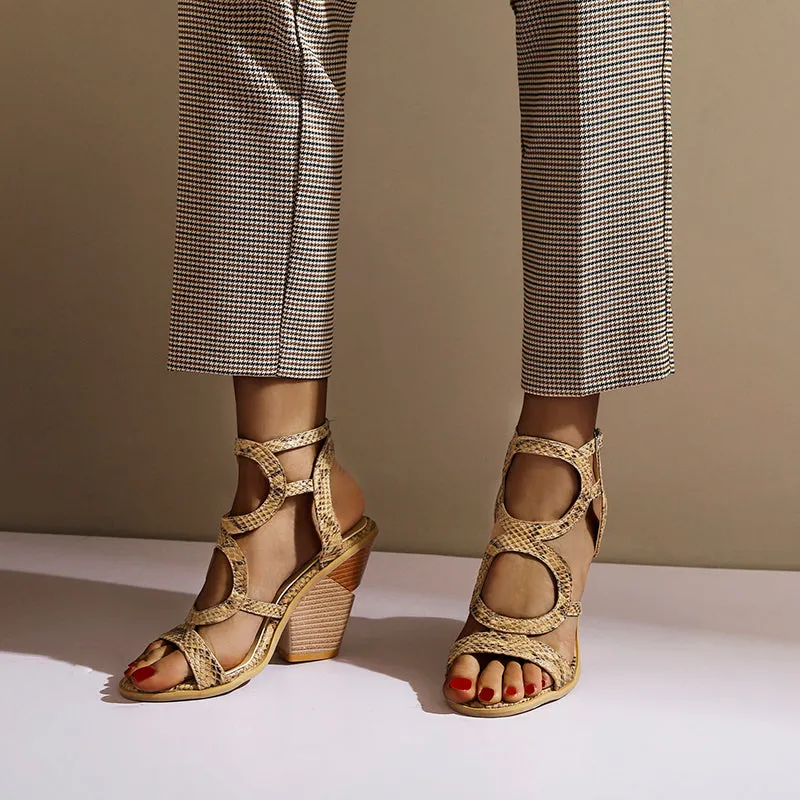 Bigsizeheels Sexy Chunky Heel Buckle Peep Toe Mules - Brown Snake