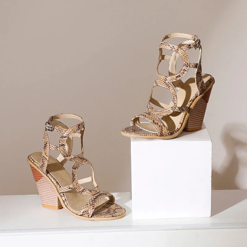 Bigsizeheels Sexy Chunky Heel Buckle Peep Toe Mules - Brown Snake