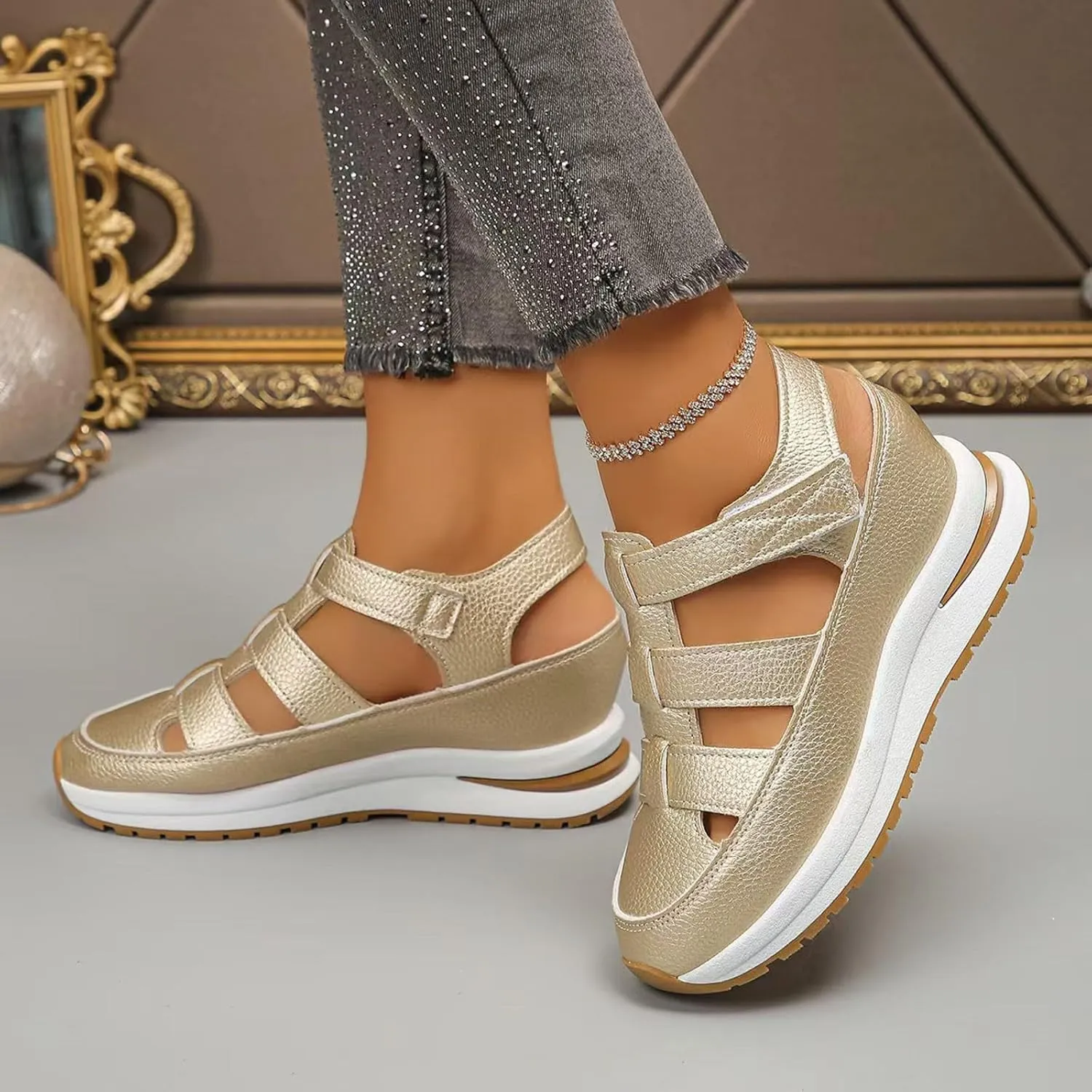 Bootara Sandals Women,Womens Wedge Sports Sandal Soft Thick Sole Closed Toe Strappy Lightweight Comfortable Platform Casual Outdoor Hook Loop Athletic Shoes