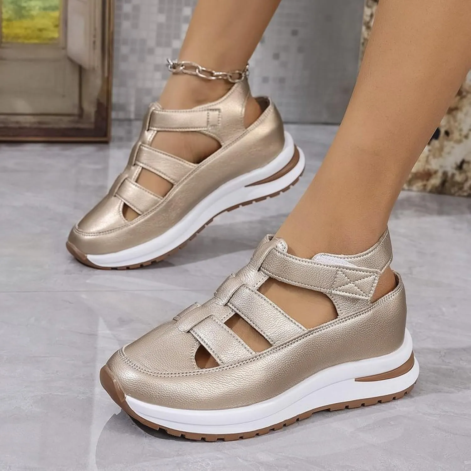 Bootara Sandals Women,Womens Wedge Sports Sandal Soft Thick Sole Closed Toe Strappy Lightweight Comfortable Platform Casual Outdoor Hook Loop Athletic Shoes