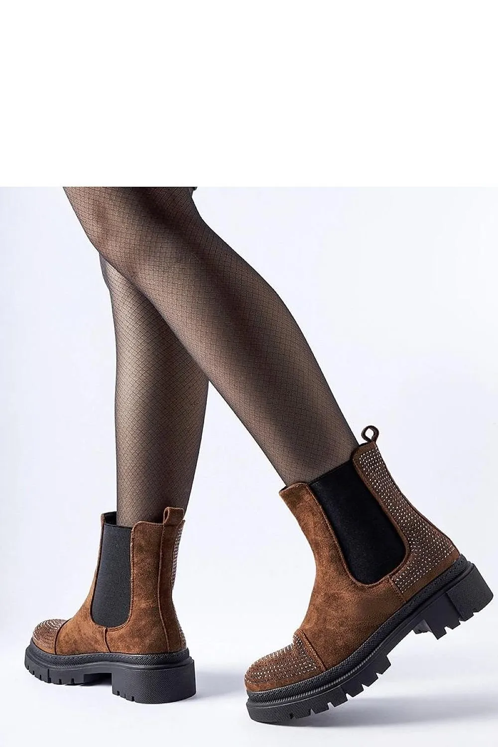 Brown ankle boots with eco-suede zircons