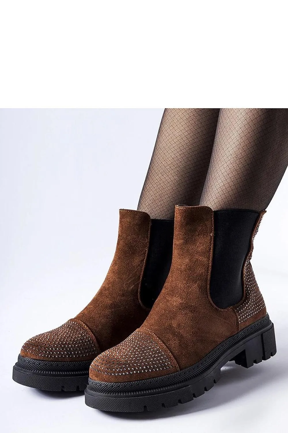 Brown ankle boots with eco-suede zircons