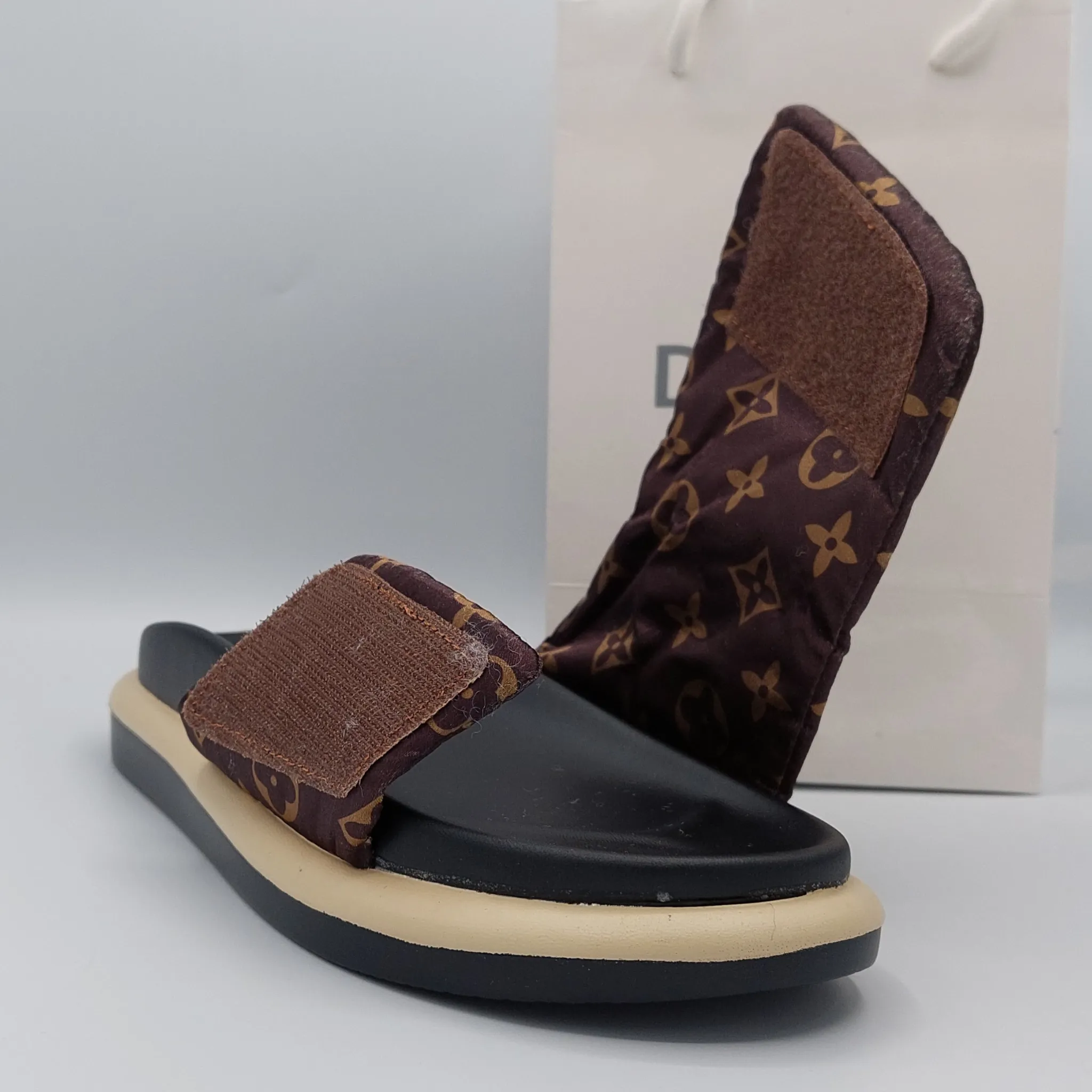 CACTUS1 PILLOW VELCRO STRAP FLATFORM SLIDER SANDAL IN BROWN PRINT NYLON