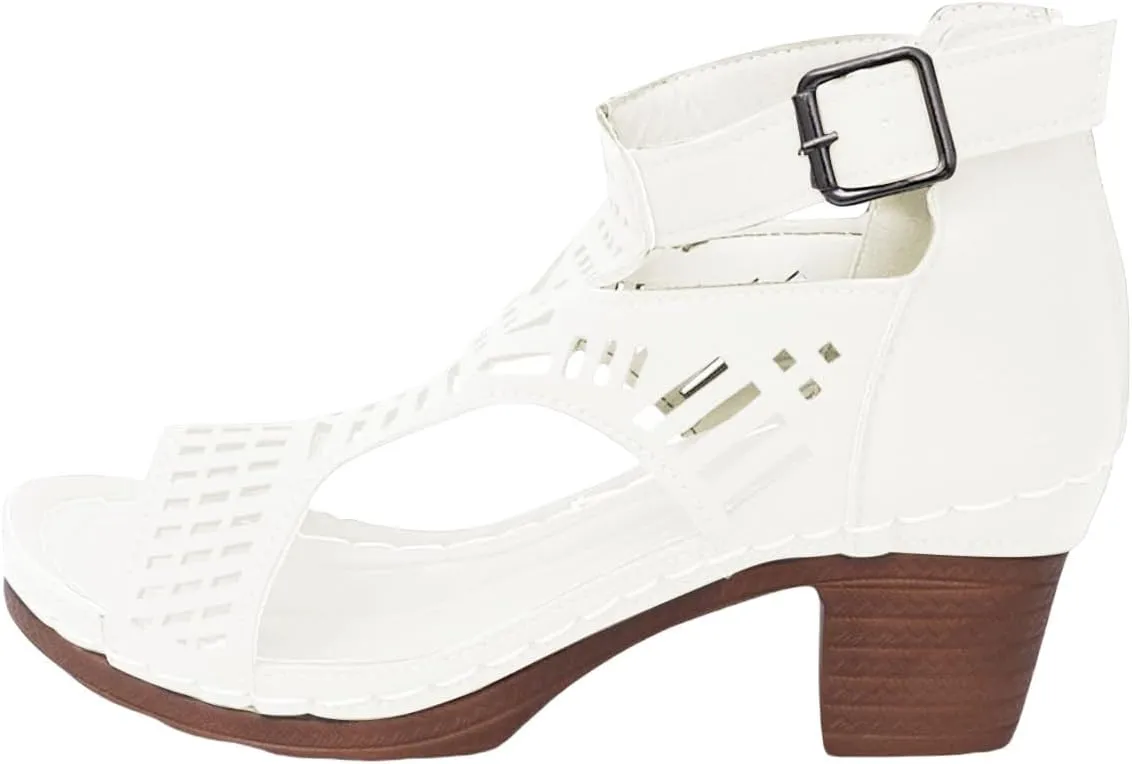 Chunky Heeled Sandals for Womens Bohemian Cutout Open Toe Summer Block Party Ladies 2025 Roman Casual Hollow High Heel Booties Peep Strap Out Low Stacked Sandal Ankle Buckle Sandals