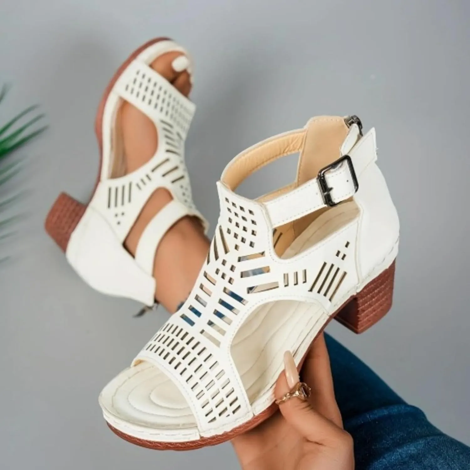 Chunky Heeled Sandals for Womens Bohemian Cutout Open Toe Summer Block Party Ladies 2025 Roman Casual Hollow High Heel Booties Peep Strap Out Low Stacked Sandal Ankle Buckle Sandals