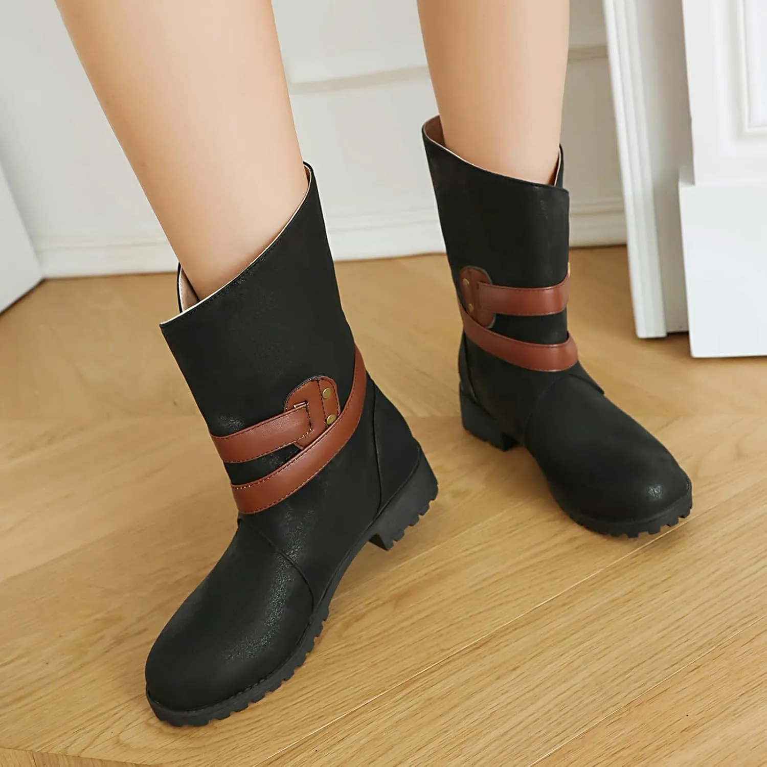 Crzidha Womens Riding Mid Calf Boots,Buckle Strap Wrap Mid Calf Boots Comfortable Low Heel Slouchy Loose Pull On Wide Calf Boots Casual Walking Outdoor Travel Combat Boots