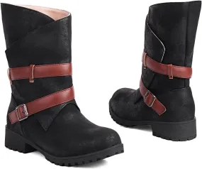 Crzidha Womens Riding Mid Calf Boots,Buckle Strap Wrap Mid Calf Boots Comfortable Low Heel Slouchy Loose Pull On Wide Calf Boots Casual Walking Outdoor Travel Combat Boots