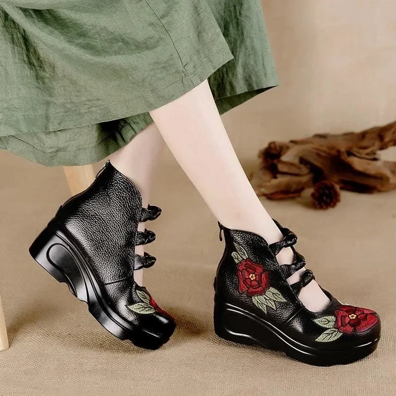 Embroidered Vintage Waterproof Platform Slope Casual Leather Shoes