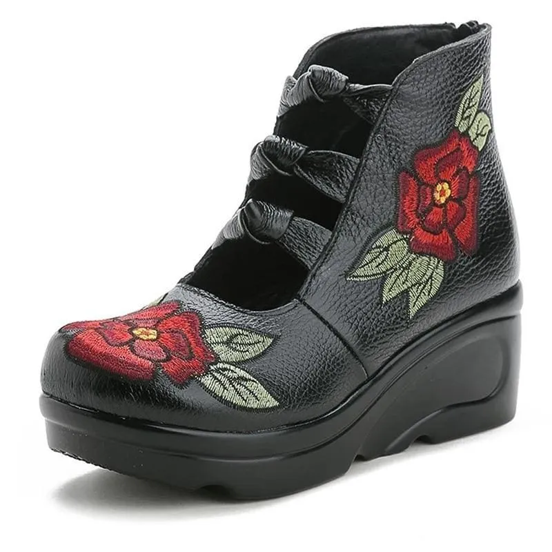 Embroidered Vintage Waterproof Platform Slope Casual Leather Shoes