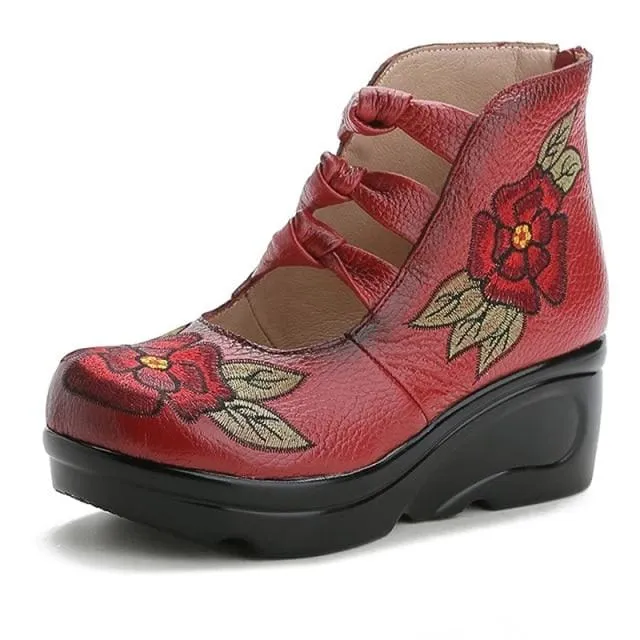 Embroidered Vintage Waterproof Platform Slope Casual Leather Shoes