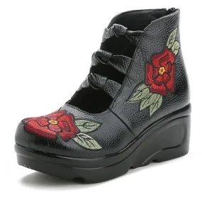 Embroidered Vintage Waterproof Platform Slope Casual Leather Shoes