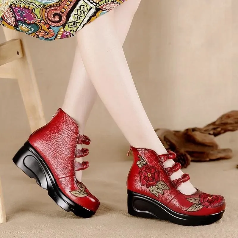 Embroidered Vintage Waterproof Platform Slope Casual Leather Shoes
