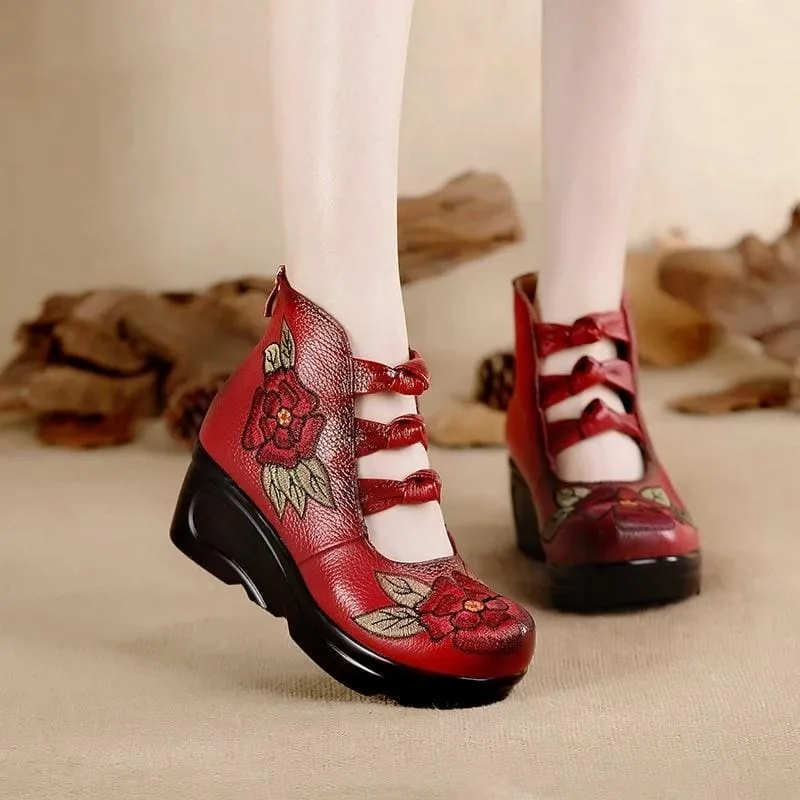 Embroidered Vintage Waterproof Platform Slope Casual Leather Shoes