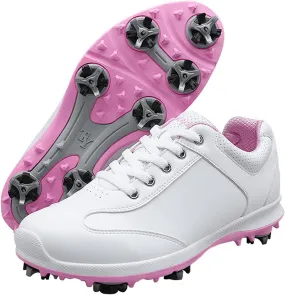 JiuQing Women's Waterproof Golf Shoes Spikes Professional Leather Golfing Trainers Anti Slip