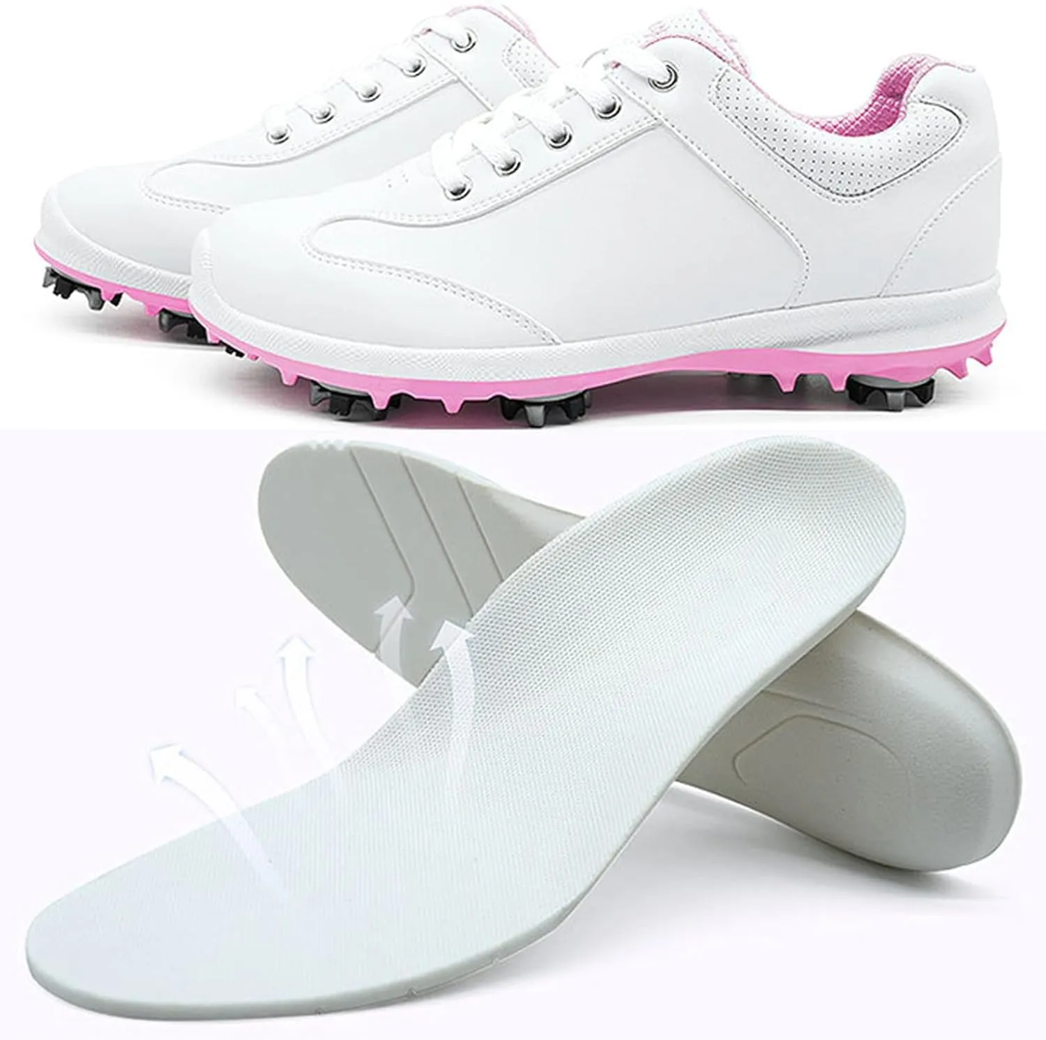 JiuQing Women's Waterproof Golf Shoes Spikes Professional Leather Golfing Trainers Anti Slip