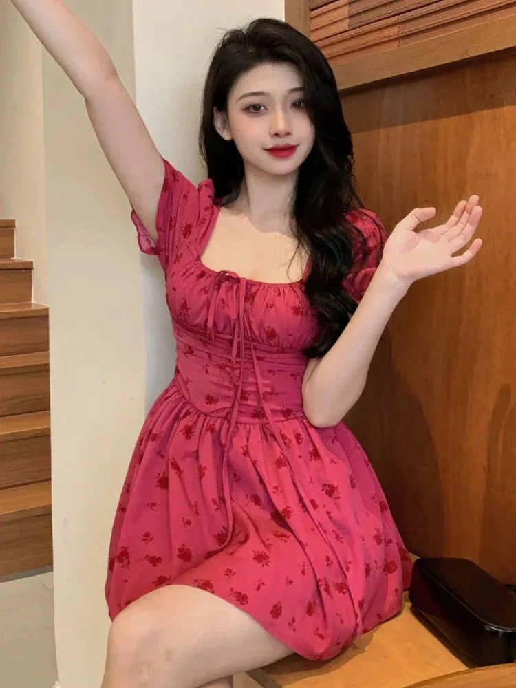 Joskaa hoco dresses  Vintage Floral Dresses Women Puff Sleeve French Style Mini Hotsweet Lace-up Prairie Chic Age-reducing Fashion Temperament Casual