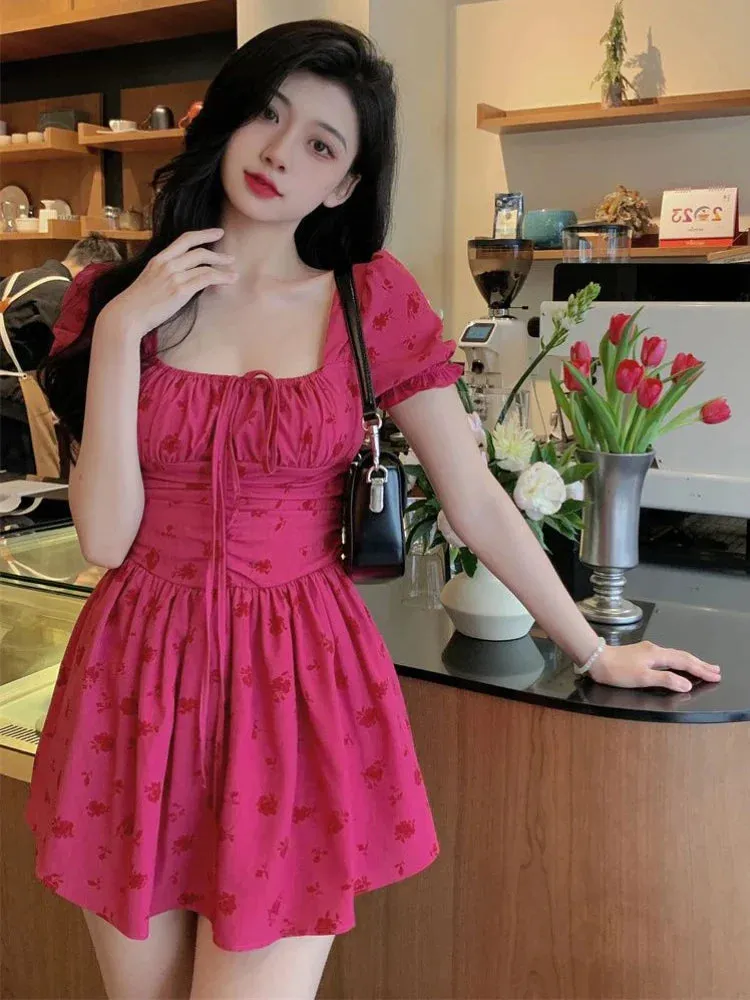 Joskaa hoco dresses  Vintage Floral Dresses Women Puff Sleeve French Style Mini Hotsweet Lace-up Prairie Chic Age-reducing Fashion Temperament Casual