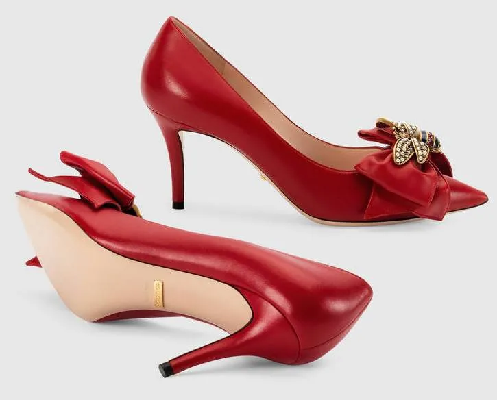 Leather Mid-Heel Pump with Bow - Black, Red, White