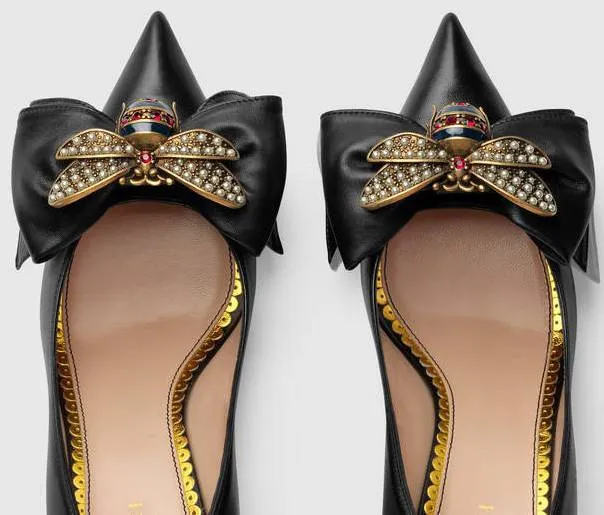 Leather Mid-Heel Pump with Bow - Black, Red, White