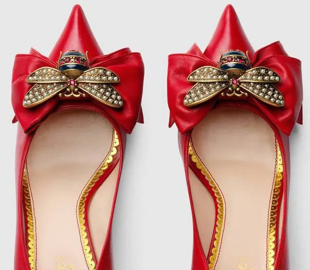 Leather Mid-Heel Pump with Bow - Black, Red, White