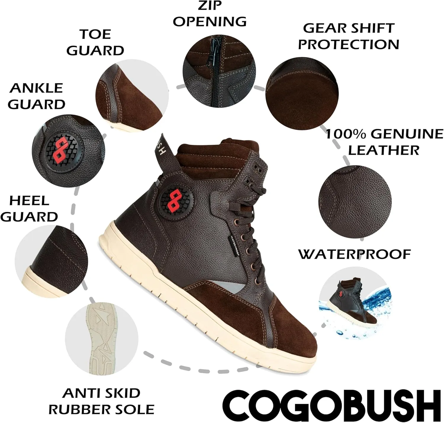 Leather Motorcycle Boots Men - Anti-slip Sole, Ankle Guard, Cow Milled Grain Leather, Black Motorcycle Boots Men