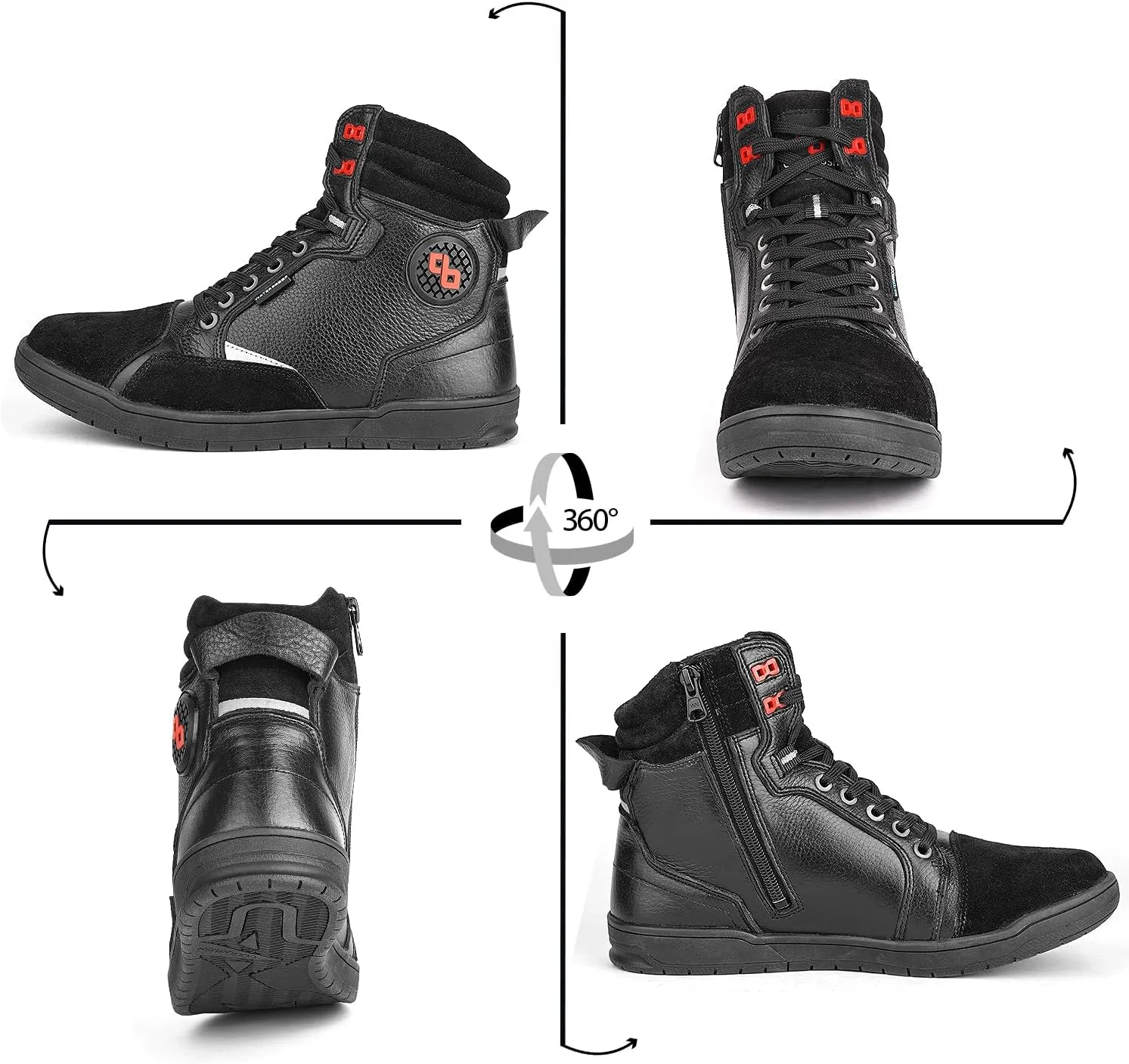 Leather Motorcycle Boots Men - Anti-slip Sole, Ankle Guard, Cow Milled Grain Leather, Black Motorcycle Boots Men
