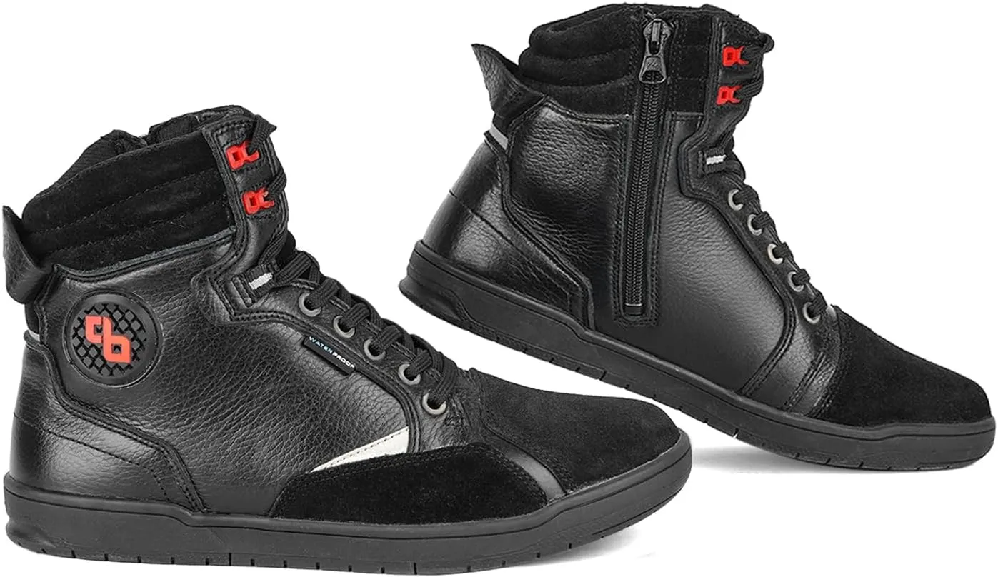 Leather Motorcycle Boots Men - Anti-slip Sole, Ankle Guard, Cow Milled Grain Leather, Black Motorcycle Boots Men