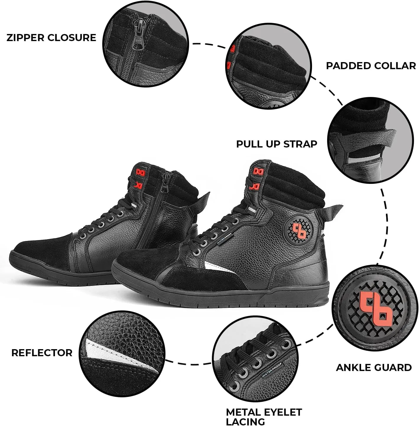 Leather Motorcycle Boots Men - Anti-slip Sole, Ankle Guard, Cow Milled Grain Leather, Black Motorcycle Boots Men