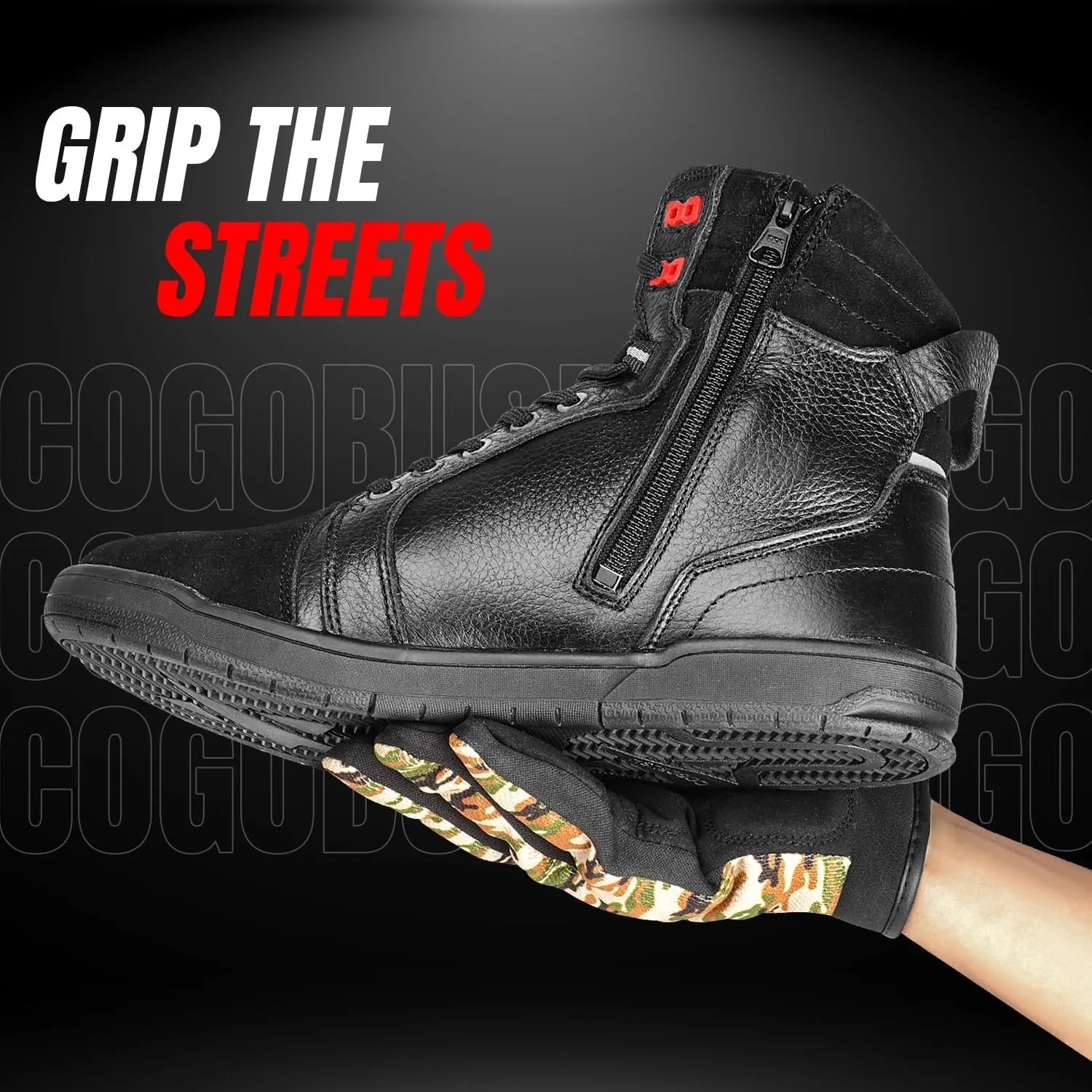 Leather Motorcycle Boots Men - Anti-slip Sole, Ankle Guard, Cow Milled Grain Leather, Black Motorcycle Boots Men