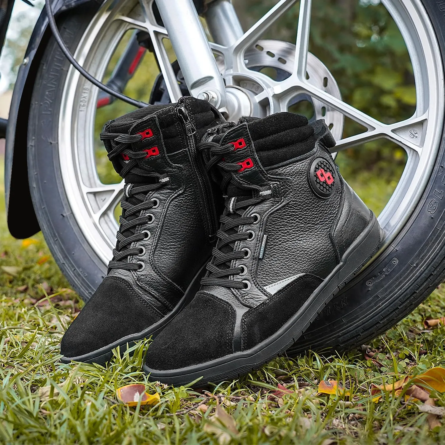 Leather Motorcycle Boots Men - Anti-slip Sole, Ankle Guard, Cow Milled Grain Leather, Black Motorcycle Boots Men