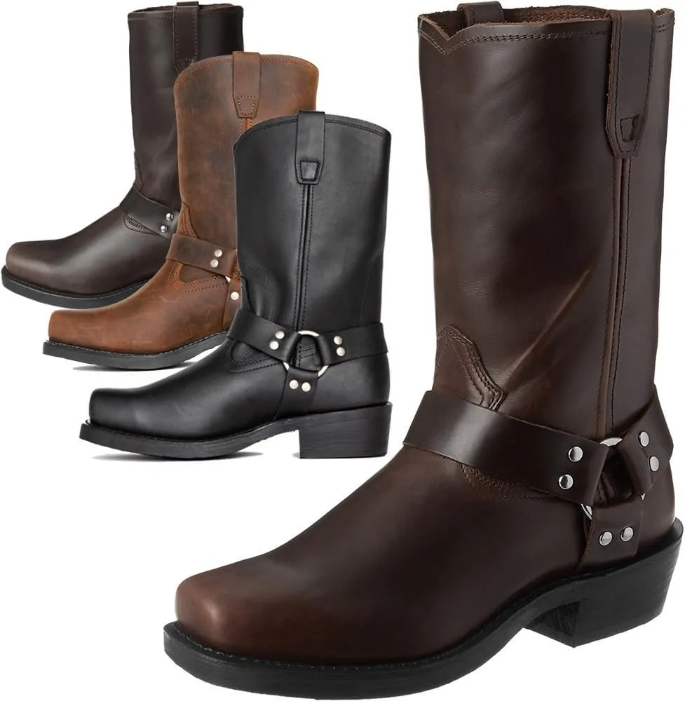 Men's Motorcycle Boot For Riding Waterproof Black PU Leather Boots Mid Calf Boots For Men