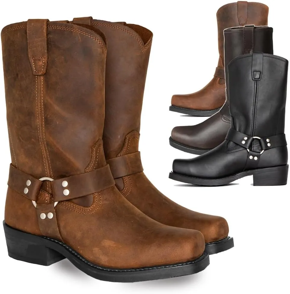 Men's Motorcycle Boot For Riding Waterproof Black PU Leather Boots Mid Calf Boots For Men