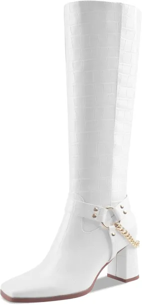 Oh Mispares Knee High Boots Slim Calf Square Toe Chunky Heel Narrow Calves Boots for Women Skinny Legs - Faux Leather Fall Winter Dress Riding Moto Tall 3 Inches Heels Boots for Girls