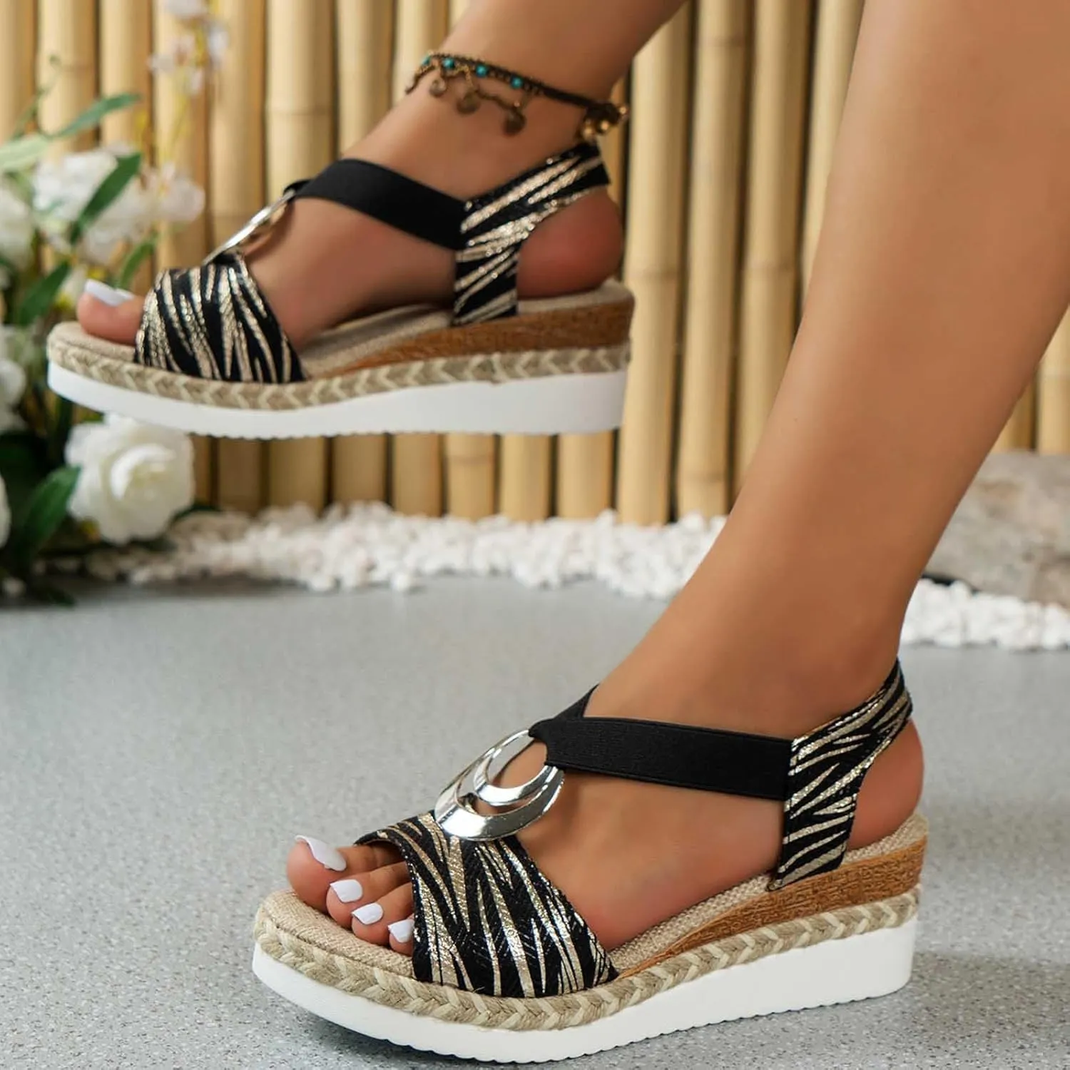 Platform Sandals Women Comfortable Dressy Casual Slip On Wedge Sandals Breathable Open Toe Elastic Strappy Ankle Strap Slides Sandal for Summer Beach Oceanside Holiday Outdoor