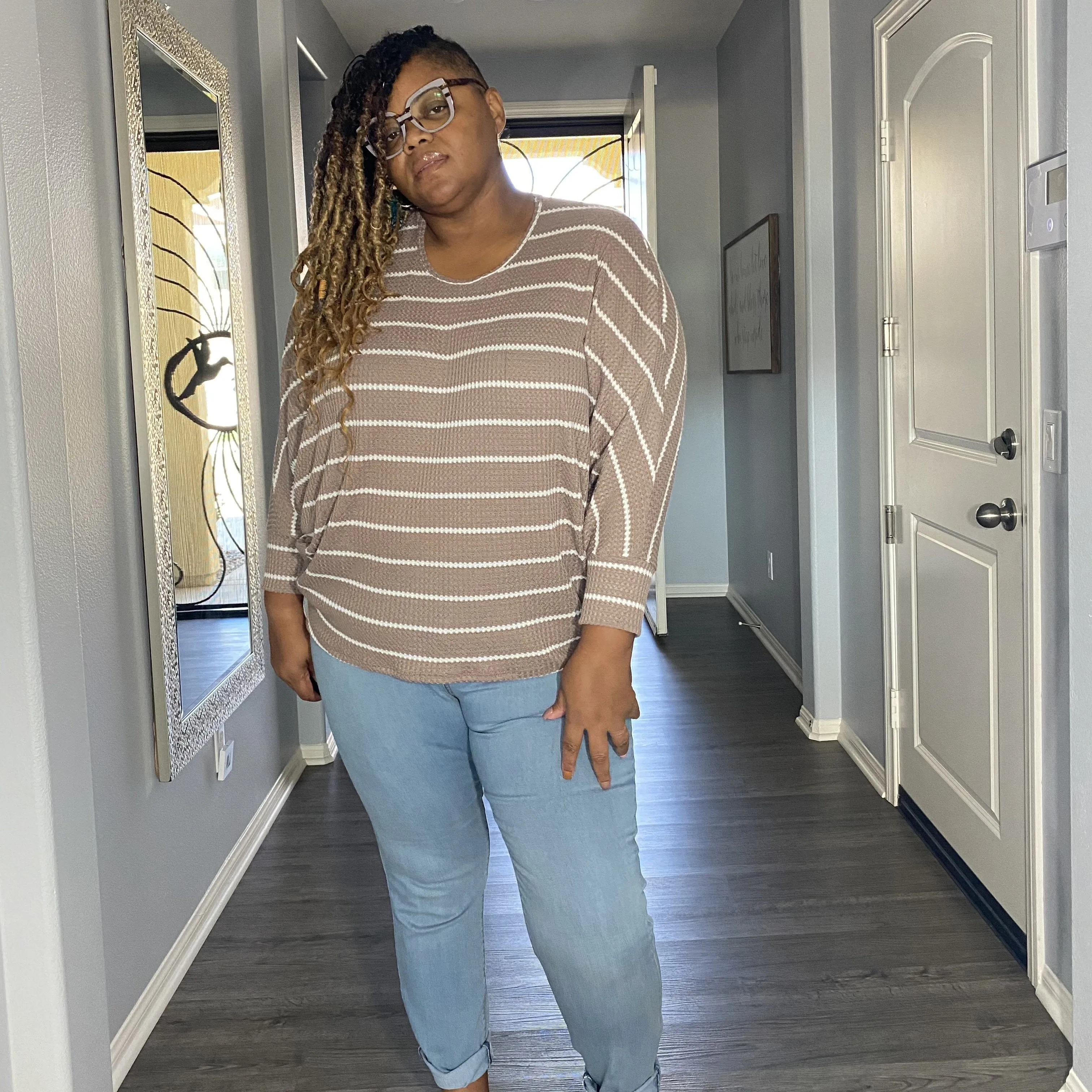 Plus Size Taupe Striped Sleeve Top Size 1X