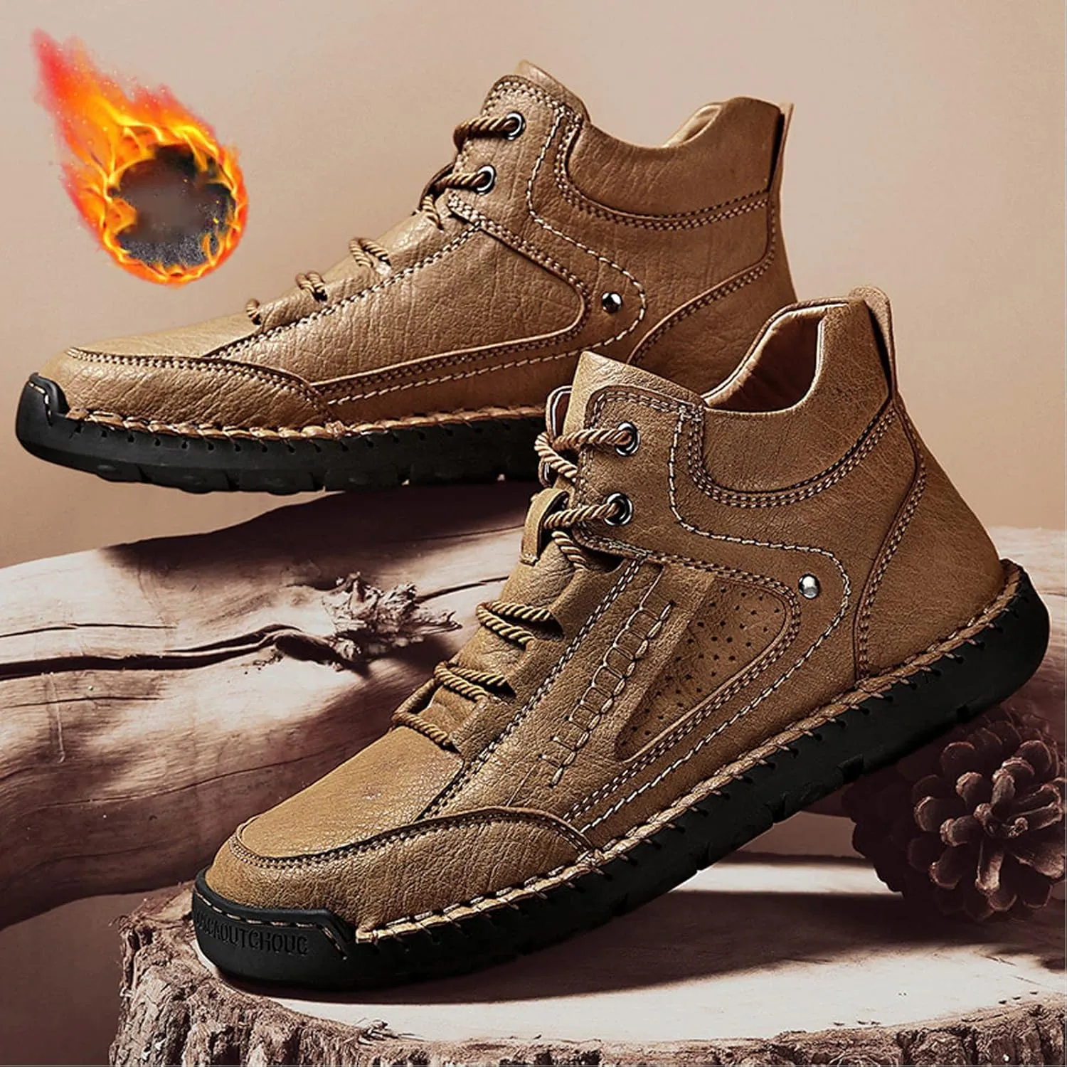 PURCHAWEE Men's Leather High Top Hiking Shoes Chukka Boots,Hand Sewing Non-Slip Good Arch Support Casual Outdoor Work Trekking Shoes