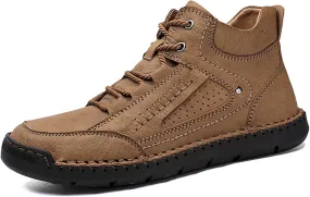 PURCHAWEE Men's Leather High Top Hiking Shoes Chukka Boots,Hand Sewing Non-Slip Good Arch Support Casual Outdoor Work Trekking Shoes